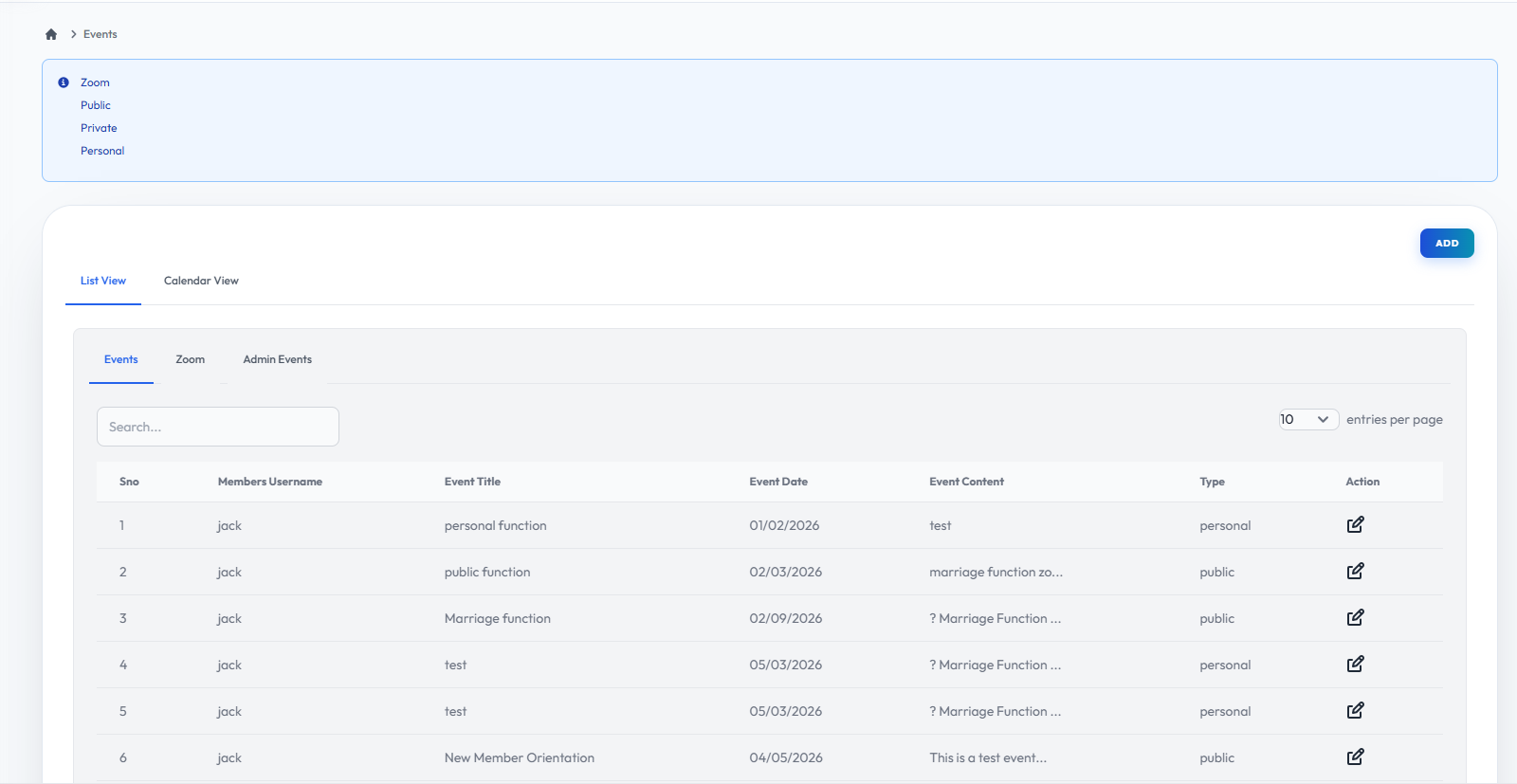 Events Listview